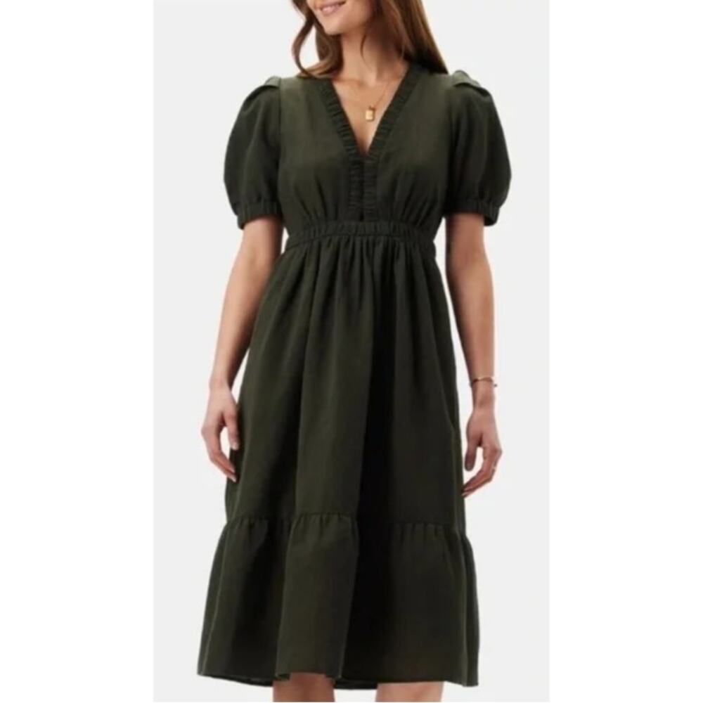 NWT AMOUR VERT Danielle Linen / Cotton Shortsleeve Olive Green Midi Dress Size S